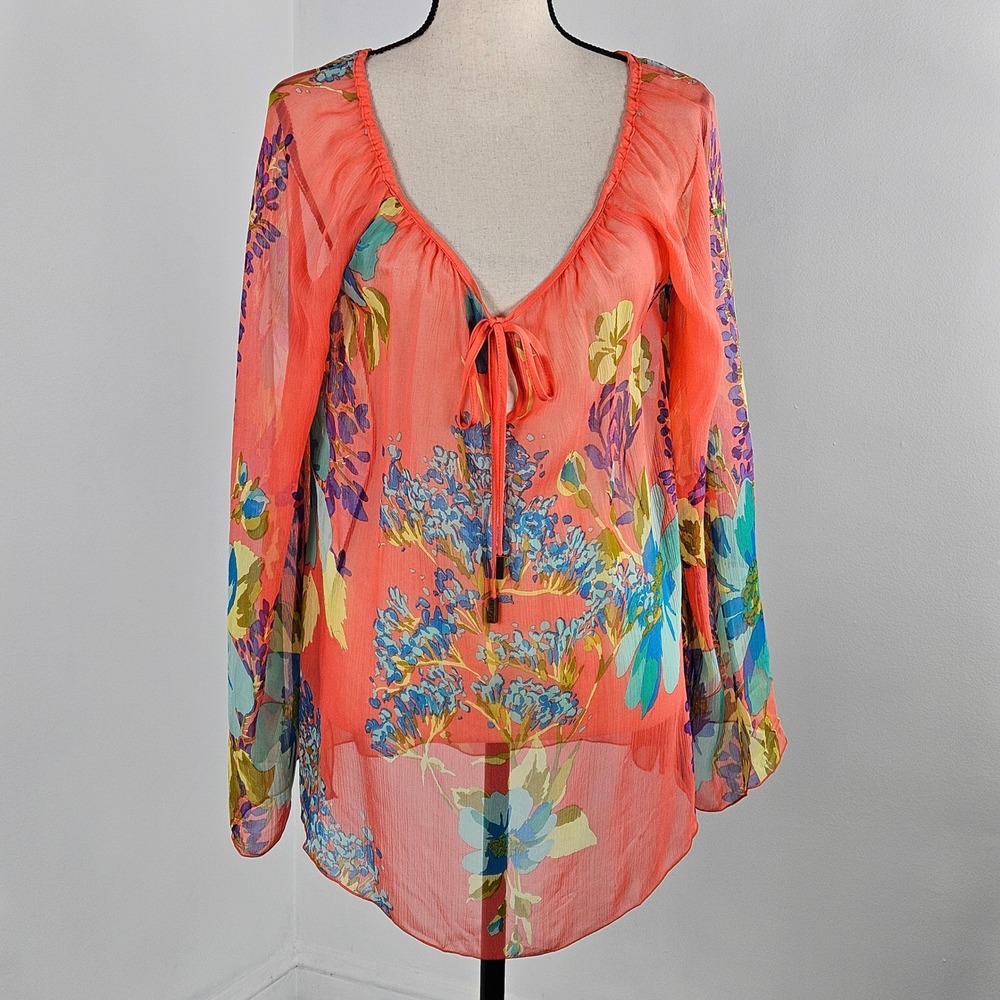 Vintage Hale Bob Cabana Blouse Womens M Coral Silk Floral V-Neck Tie FLAWS